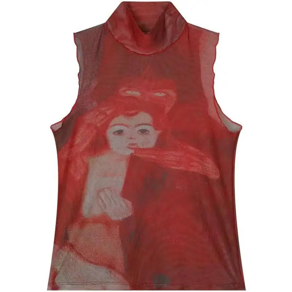 Strong-Graphic Red Mesh Print Tank T-Shirt