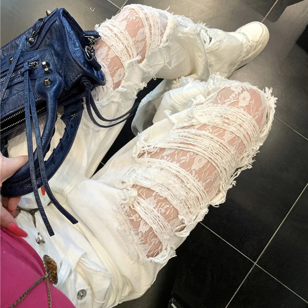 White Torn Tie Splicing High-Rise Denim alternatif görünüm