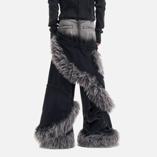 Luxury Double Waisted Fur Mosaic Torn Denim alternatif görünüm