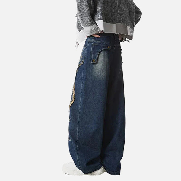 Raw Edge Printing Contrast Color Bell Leg Denim alternatif görünüm