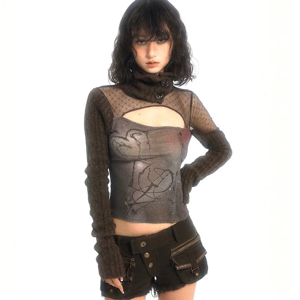 Aged Dirty-Art Irregular Fragment Knitted T-Shirt alternatif görünüm