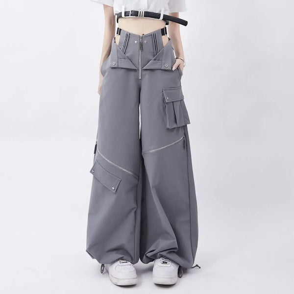 Dark Zip Design High-Rise Street Pants alternatif görünüm