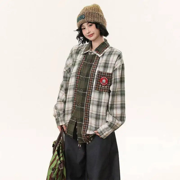 Mixed Check Panel Long Sleeve Shirt