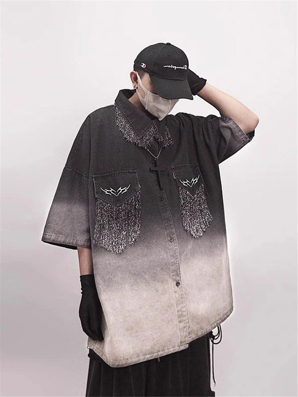 Black Tassel-Hem Oversized Denim Top alternatif görünüm