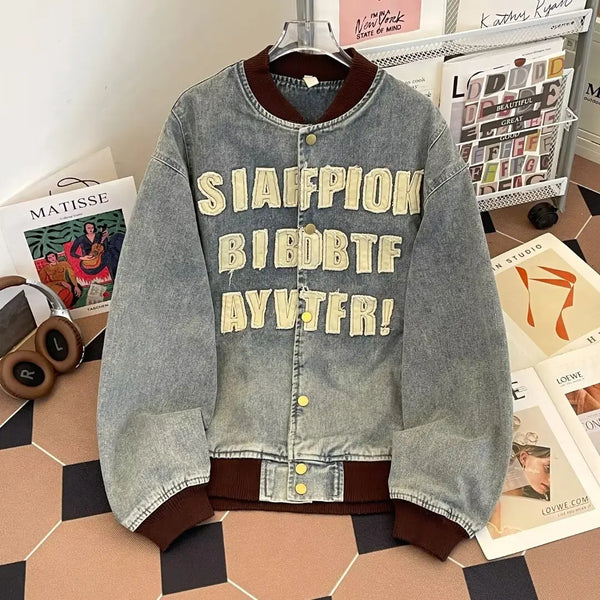 Heritage Faded Denim Baseball Varsity Jacket alternatif görünüm