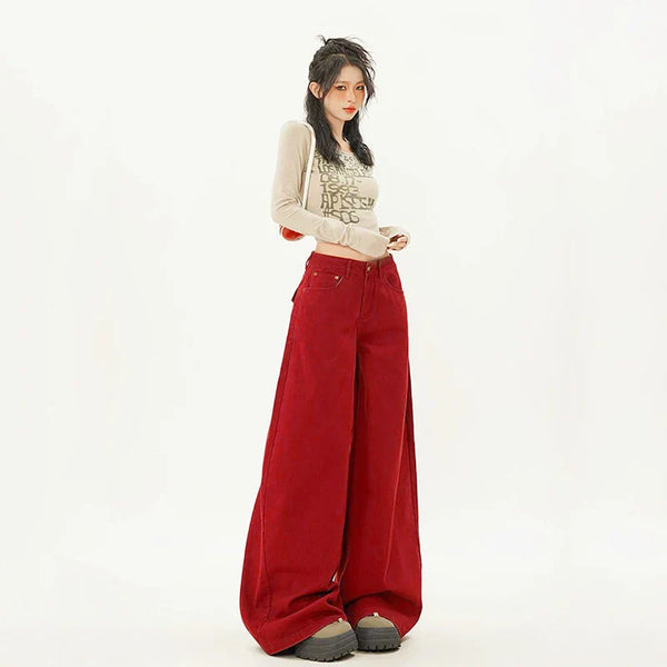 Modern Cute Oversized Red Relaxed Bell Leg Denim