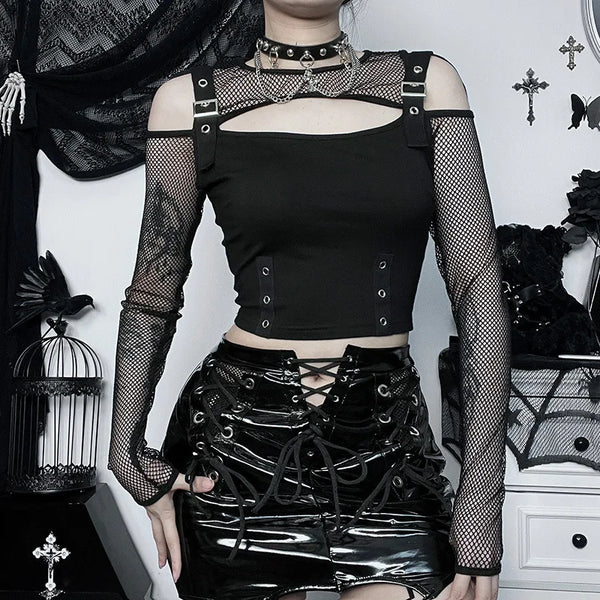 Midnight Shadow-Print Fishnet Fragment Underground T-Shirt alternatif görünüm