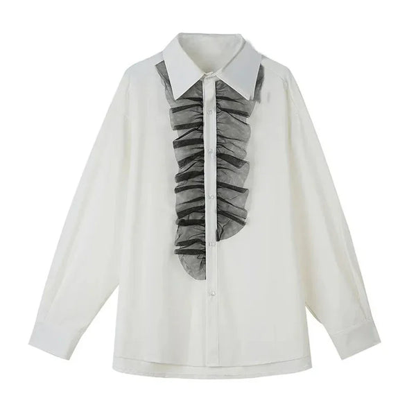 Noir Lace-Trim Loose Casual Shirt