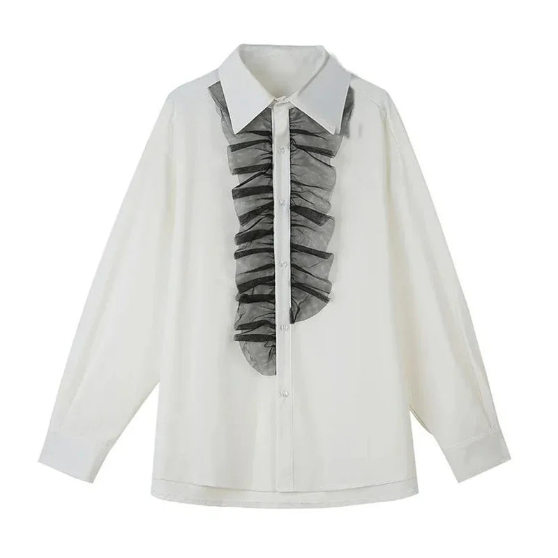 Noir Lace-Trim Loose Casual Shirt