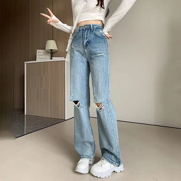 Chic Seoul Style Light Blue Torn Denim