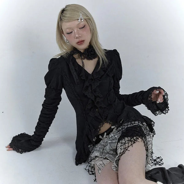 Gothic Noir Lace Flared Vintage Top alternatif görünüm