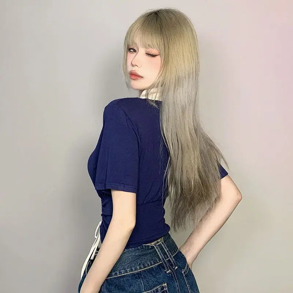Women Slim Fit Letter Visual Short Sleeve T-Shirt alternatif görünüm
