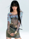 Long Print Letter Mesh Sheer T-Shirt