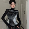 Washed-Out Mesh High Neck Long T-Shirt