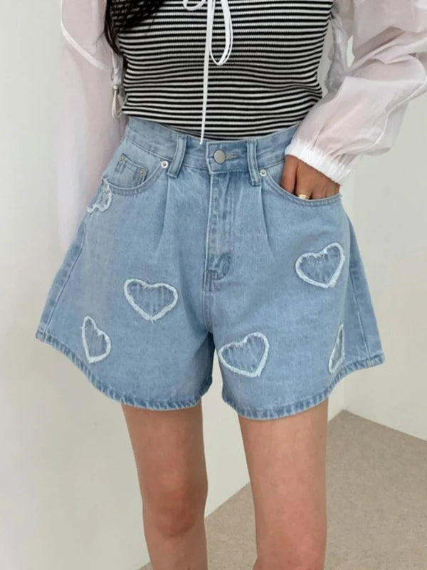 Heartbeat Embroidery Denim Shorts