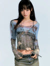 Long Print Letter Mesh Sheer T-Shirt