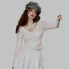 Neck Round Pleated Lace White T-Shirt