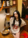 Back-In-Time Polished Letter Print V-Neck T-Shirt