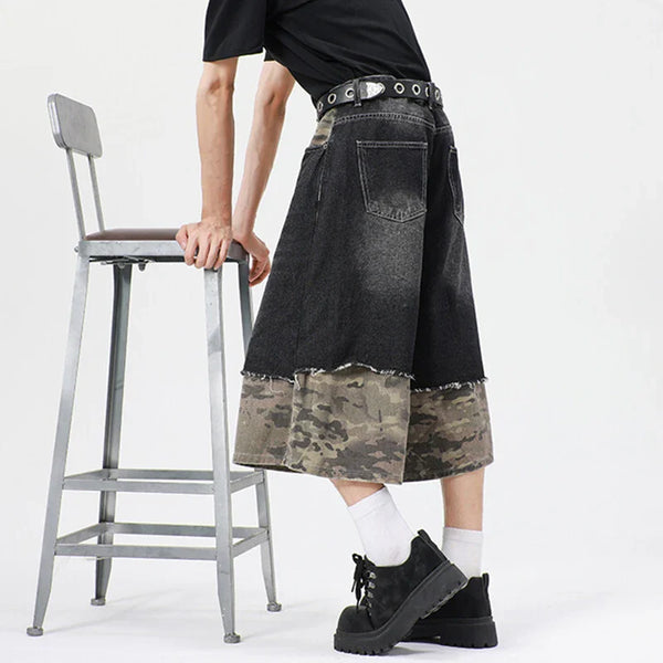 Modern Woodland Printed Relaxed Cropped Denim Shorts alternatif görünüm