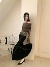 Knit Mesh Sleeve Flare Folk T-Shirt