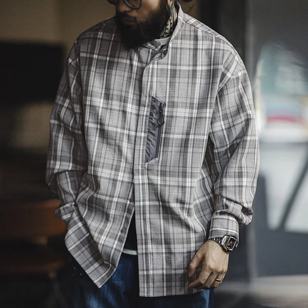 Stand Collar Retro Plaid Casual Shirt alternatif görünüm
