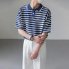 Timeless High-End Multi-Stripe Collar-Knit Button Down T-Shirt