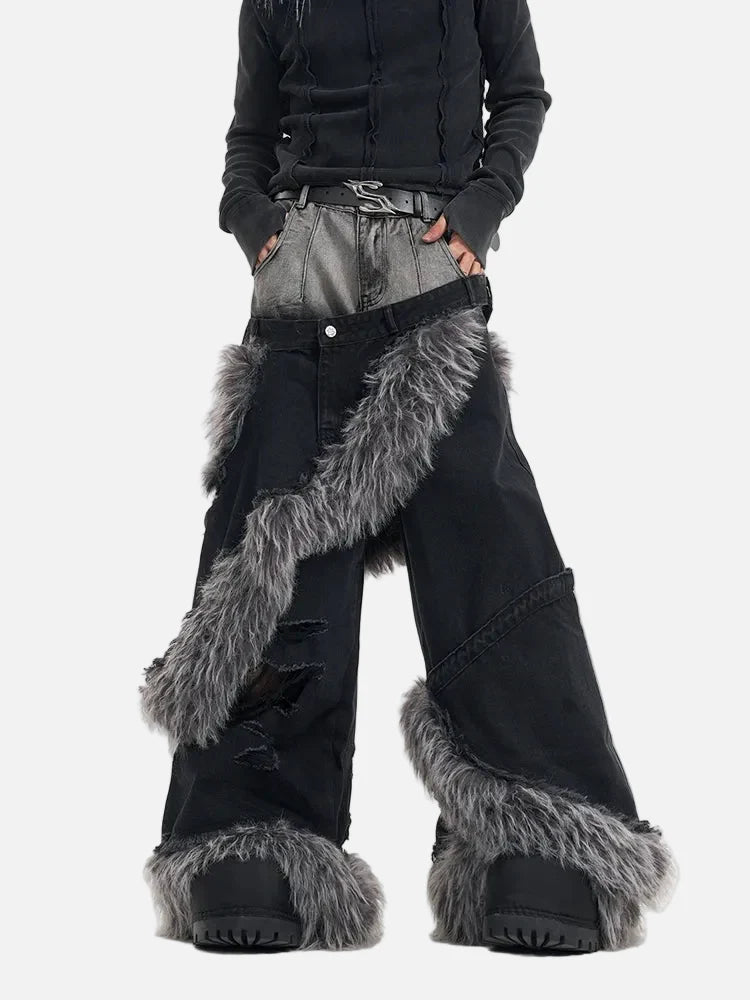 Luxury Double Waisted Fur Mosaic Torn Denim