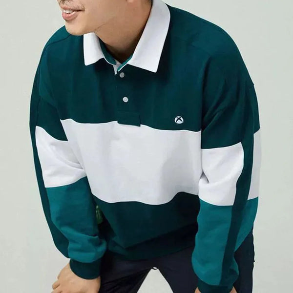 Color Blocked Spliced Long Sleeve Placket-Neck T-Shirt alternatif görünüm