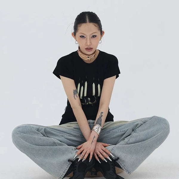 Torn-Vibe Aesthetics Retro-Faded Print Short T-Shirt alternatif görünüm