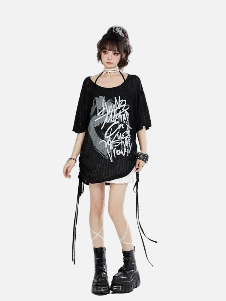 Digital-Age Obsidian Warm-Season Letter Print Laid-Back T-Shirt