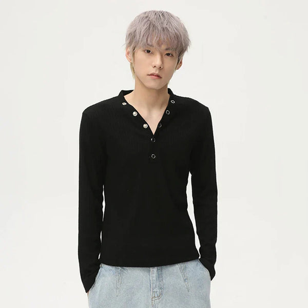 V-Neck Knit Button Long Sleeve Tee