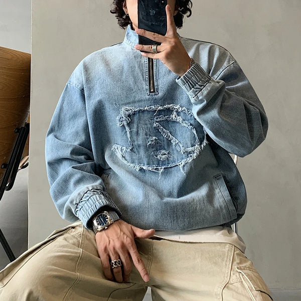 Worn Denim Half-Zip Sweatshirt