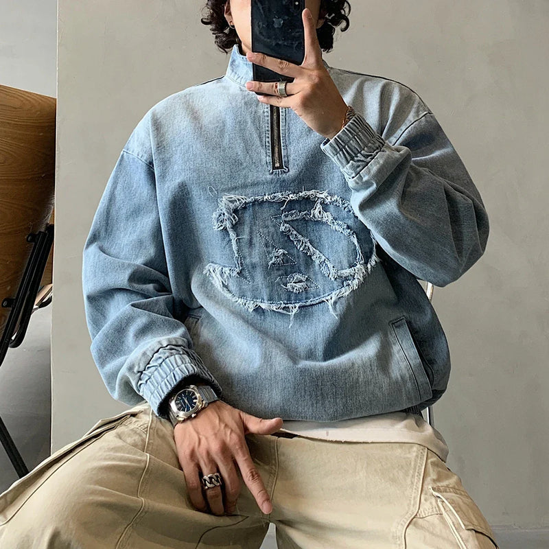 Worn Denim Half-Zip Sweatshirt