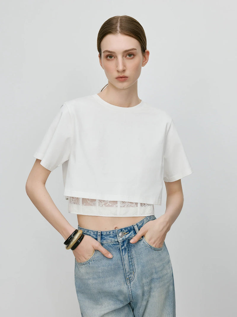 Waist Cropped Spliced Lace Chic T-Shirt