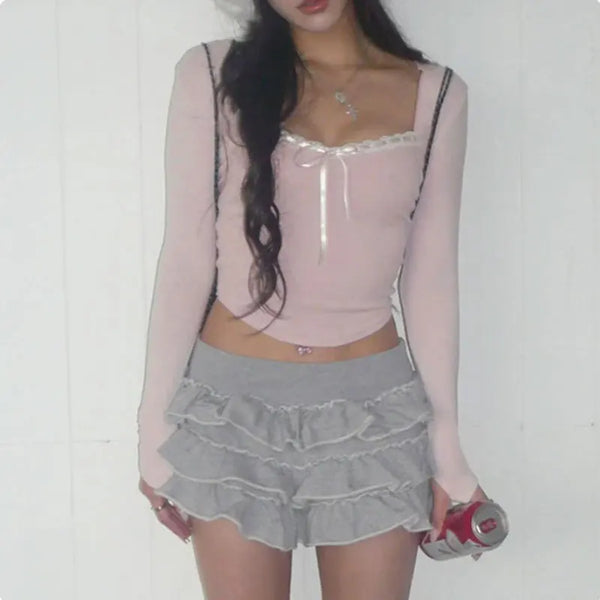 Blush Elegance Lace Cropped T-Shirt alternatif görünüm