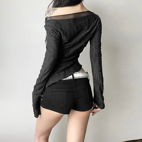 Noir Counter-Culture Mesh Spliced Long T-Shirt alternatif görünüm