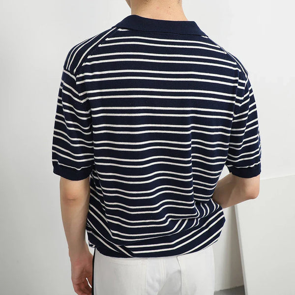 Men's Easy-Wear Prestige Knitted Bar-Print Collar-Knit T-Shirt alternatif görünüm