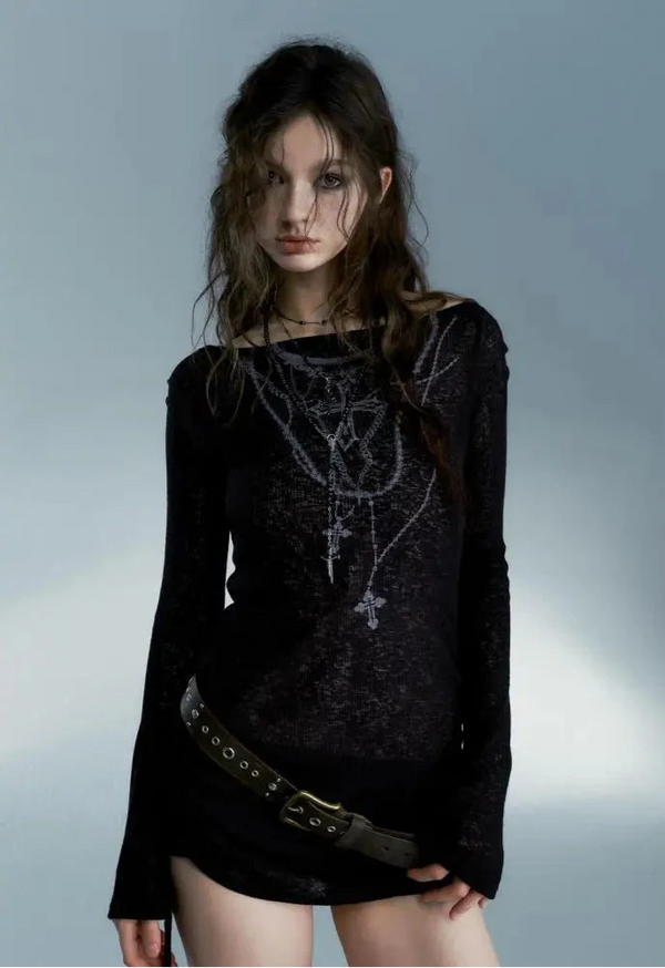 Black Darkwave Off-shoulder Long Sleeved Top