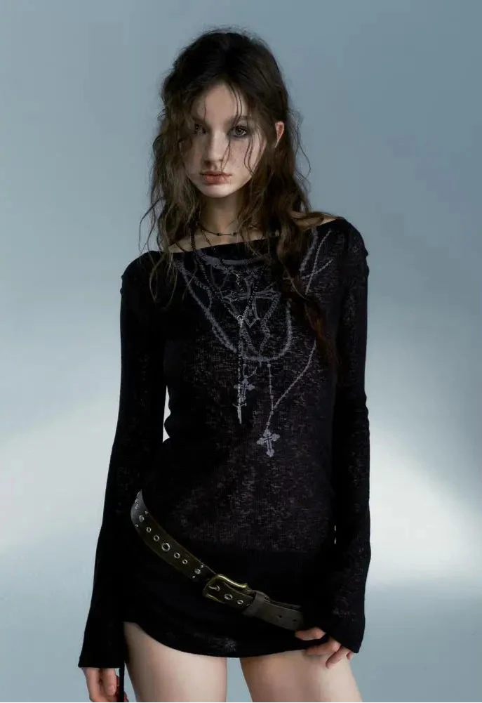 Black Darkwave Off-shoulder Long Sleeved Top
