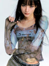 Long Print Letter Mesh Sheer T-Shirt