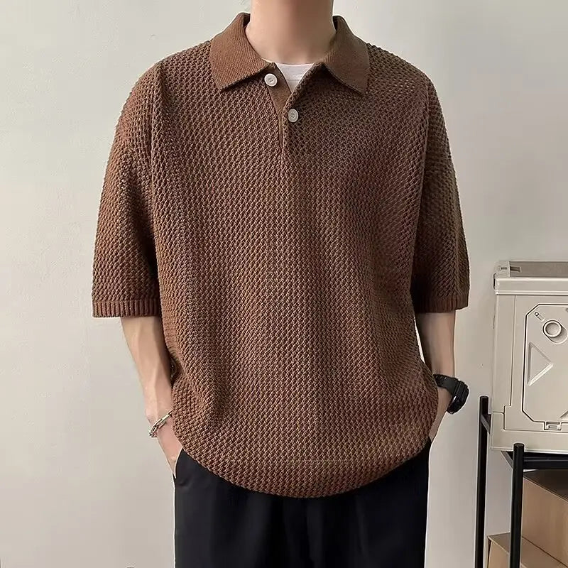 Heritage Mesh-Flow Block-Color Color Knitted Placket-Neck T-Shirt