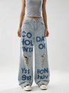Western Style Oversized Torn Printed Blue Denim