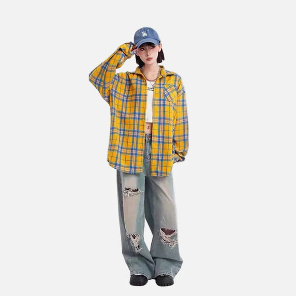 Drape-Fit Plaid Oversized Long Shirt alternatif görünüm