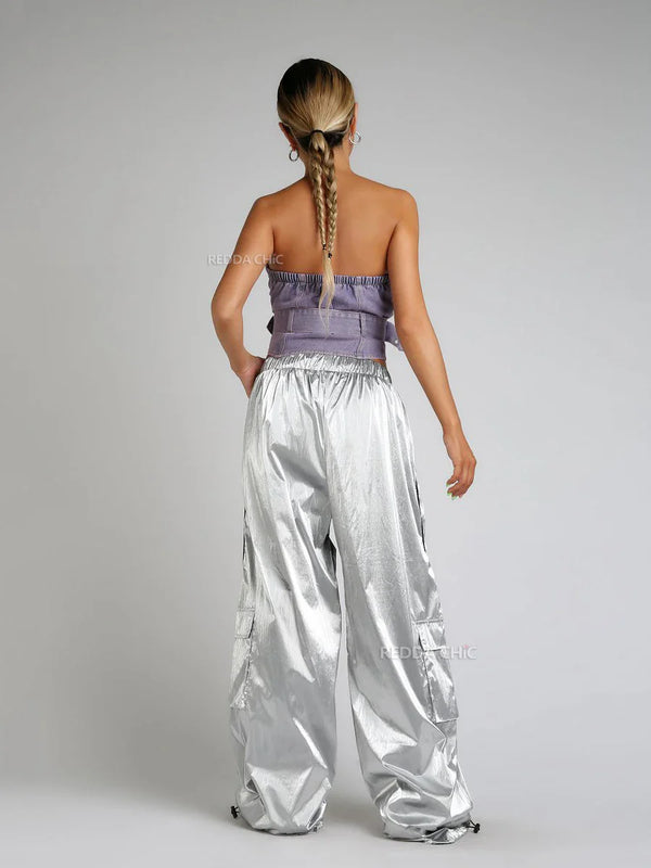 Silver Metallic Parachute Trousers alternatif görünüm