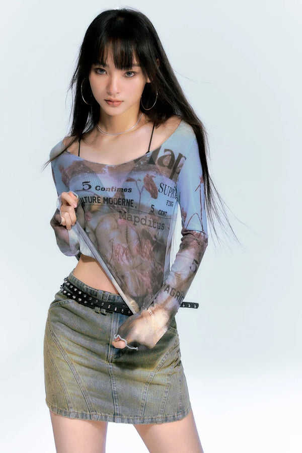Long Print Letter Mesh Sheer T-Shirt alternatif görünüm