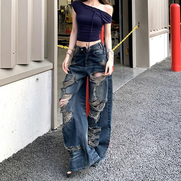 Breathable Rinse Torn High-Rise Denim