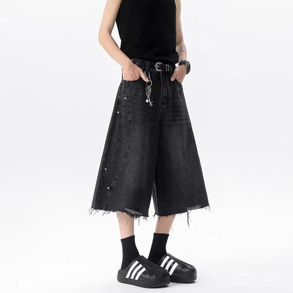 Autumn Plain Tone Wide Leg Cropped Denim Shorts