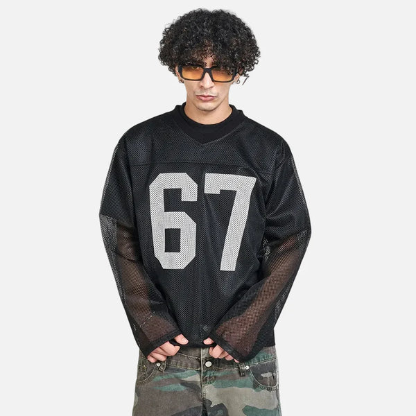 Digital-Age Contrast Paneled Mesh Long Sleeve T-Shirt alternatif görünüm