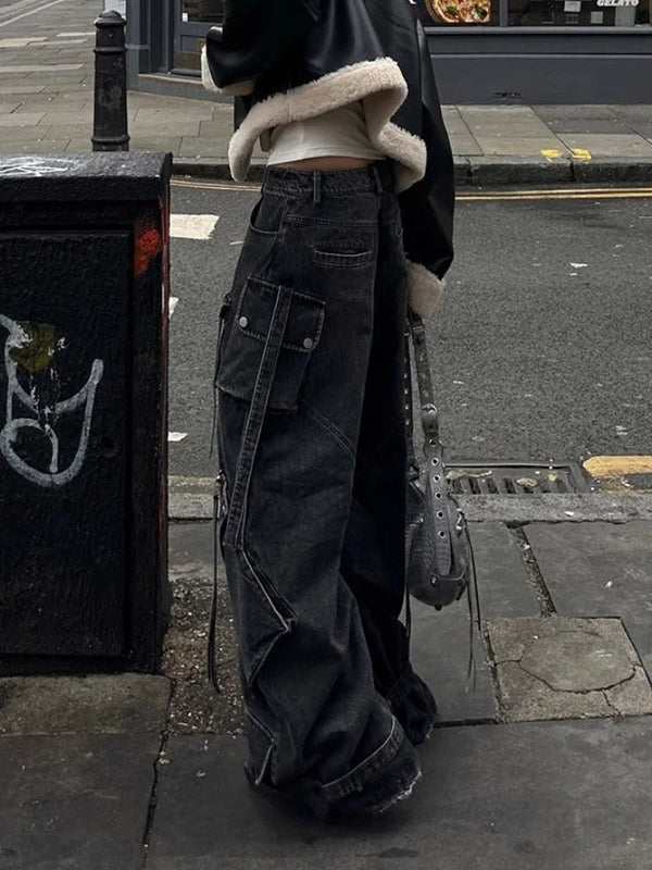 Women Rinse Black Relaxed Utility Denim alternatif görünüm
