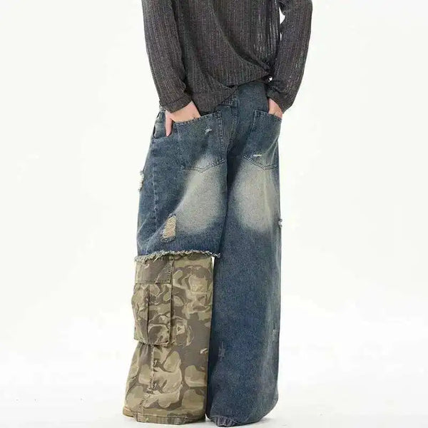 Long-lasting Classic Camo Print Splicing Design Denim alternatif görünüm